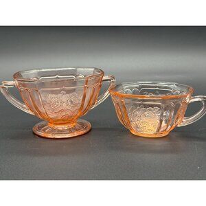 1930s Anchor Hocking Mayfair Open Rose Pink Depression Sugar Bowl & Tea Cup